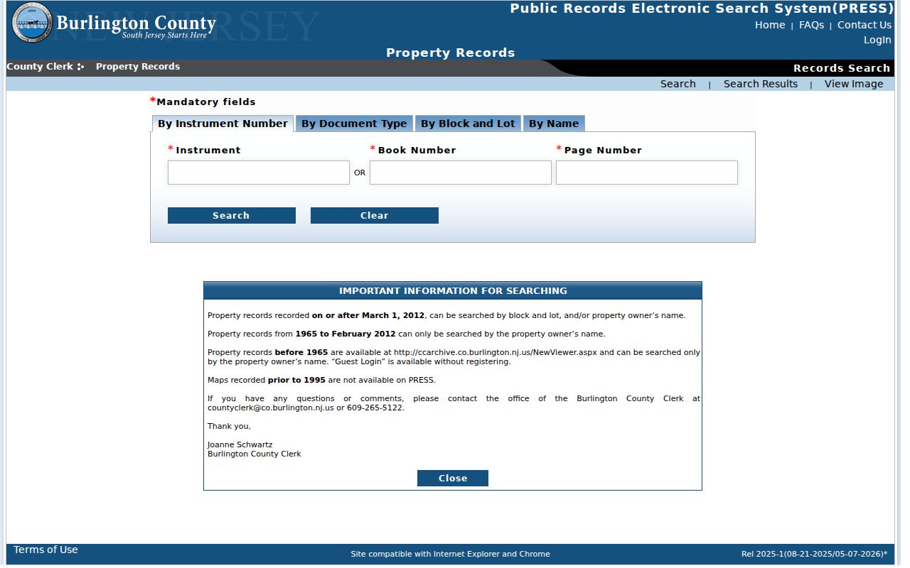 Burlington County resident records PRESS property-record search