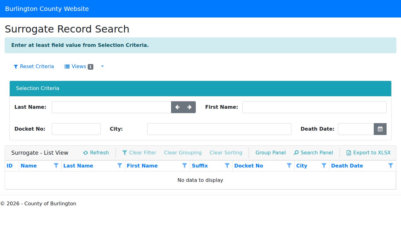 Burlington County resident records Surrogate estate index