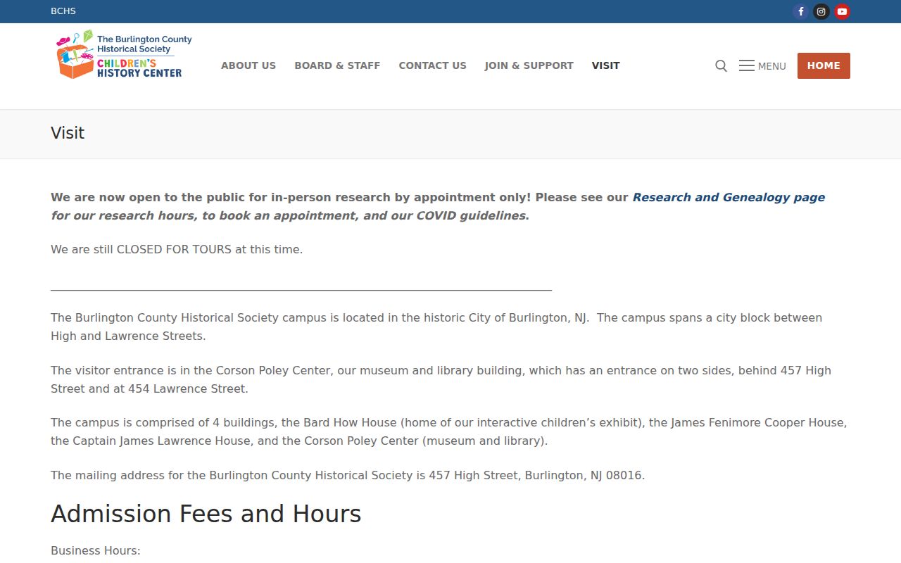 Burlington County past-resident Historical Society research visit information